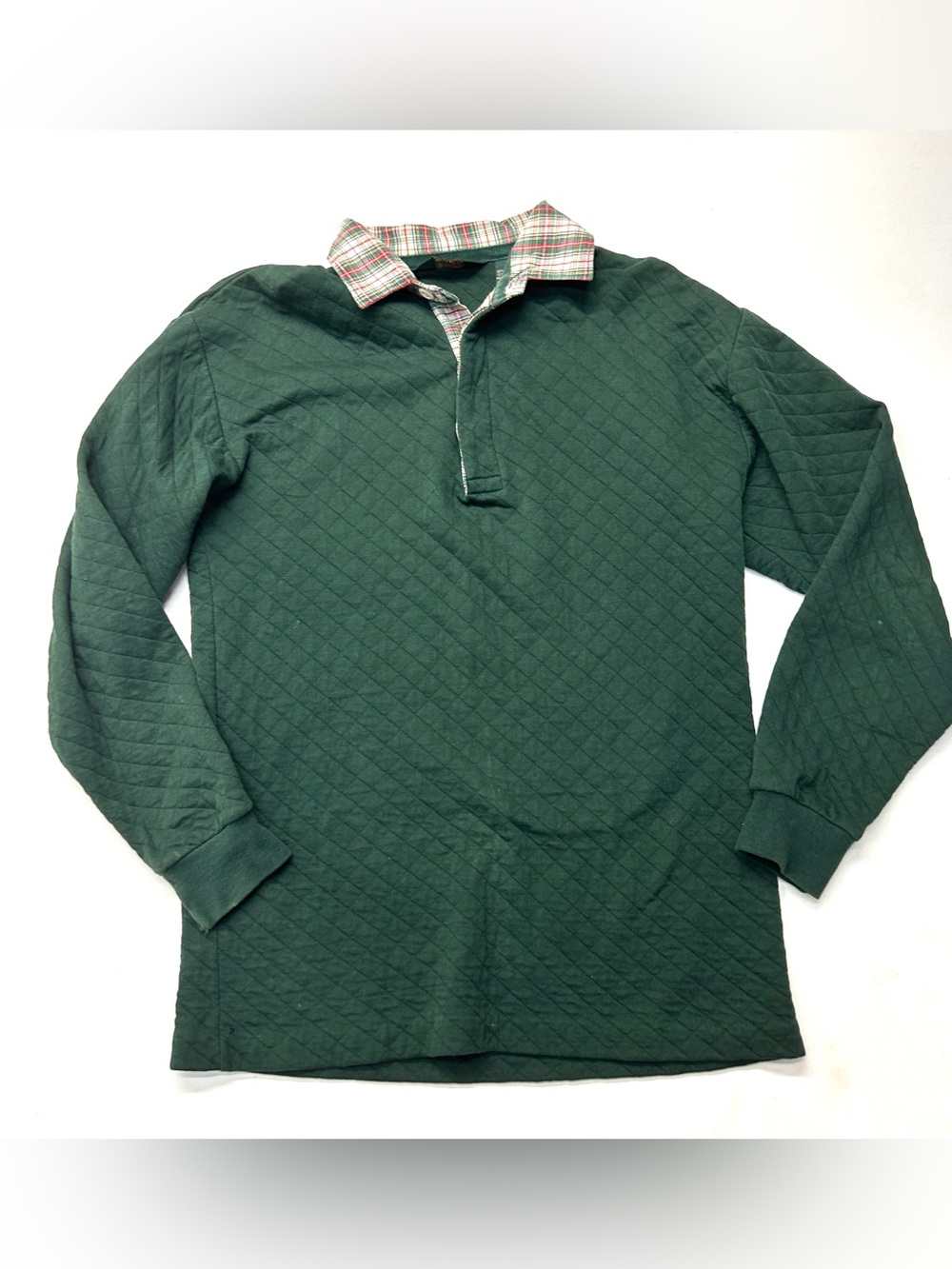 J.Crew Vintage Plaid Collar Mens Quilted Green Long-Sleeve Polo Shirt Sweatshirt